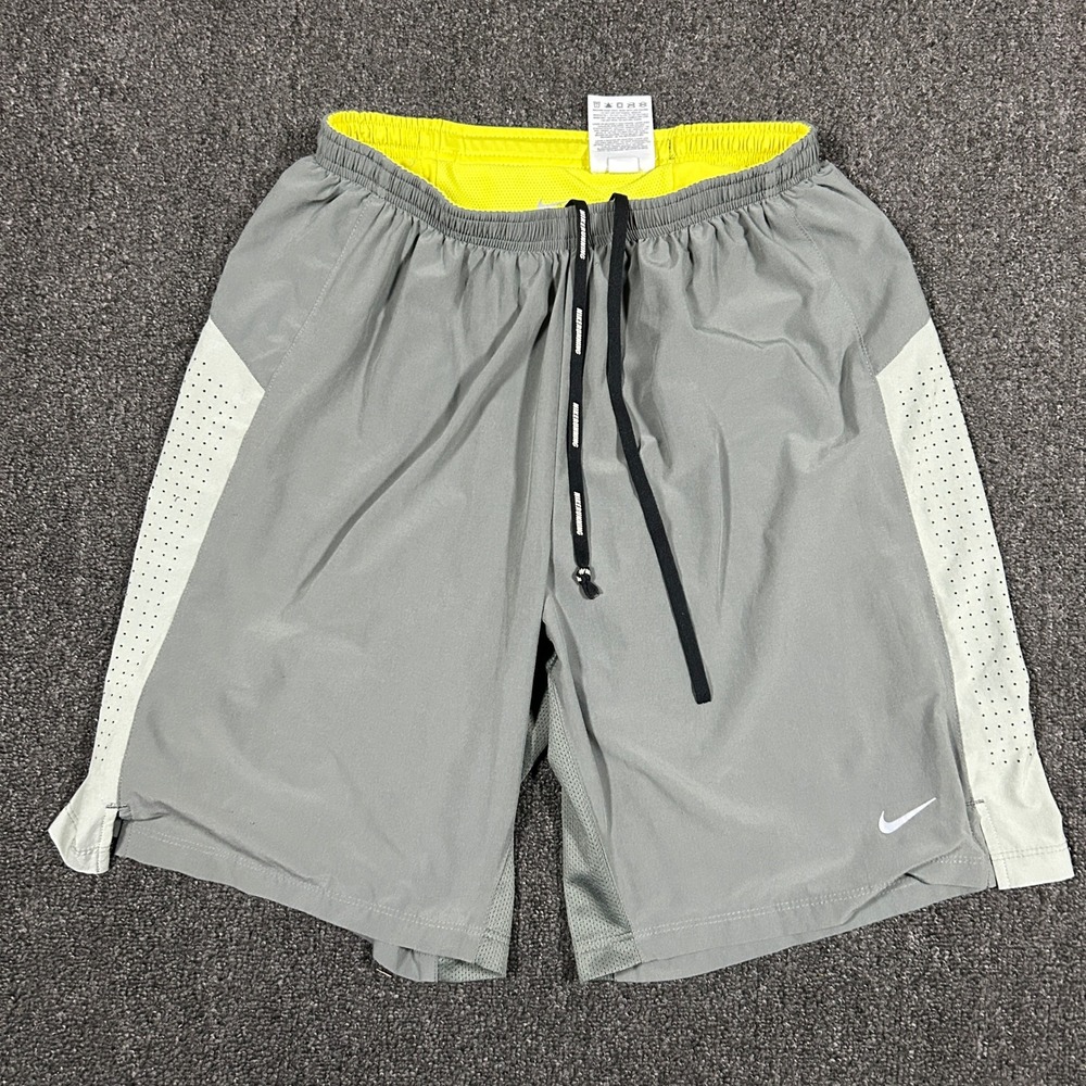 Nike Dri-FIT Running Shorts Mens Medium Gray Neon Yellow Zip Pocket Excellent